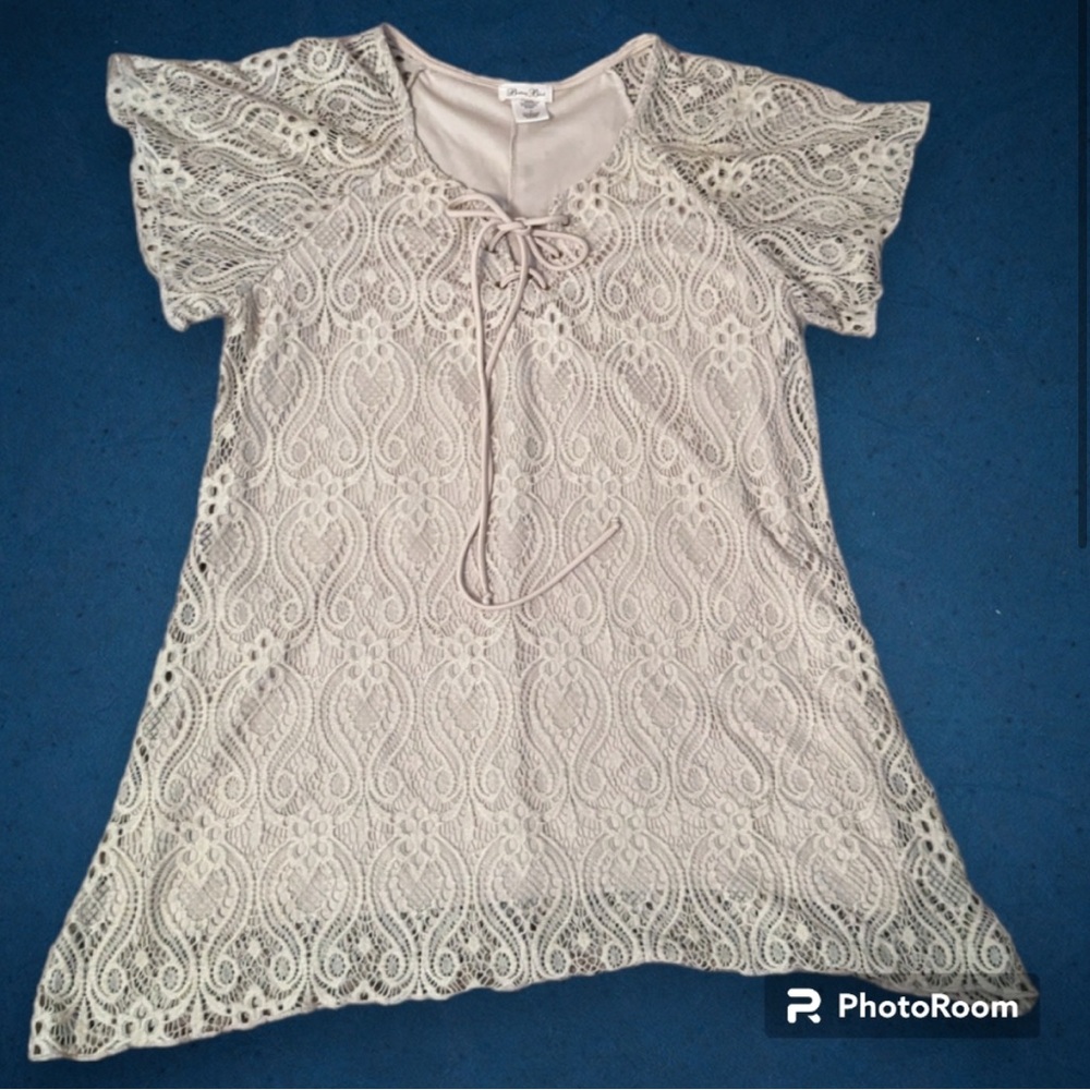 Vintage Brittany Black tan lace tie front lined top - Large